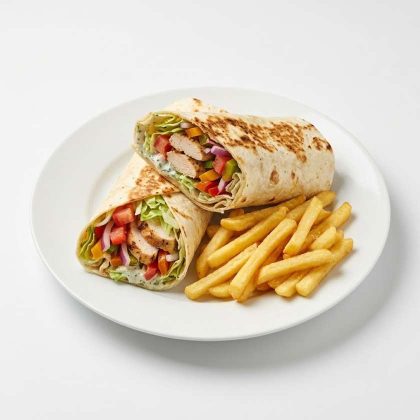 Tortilla with chicken, vegetables and fries