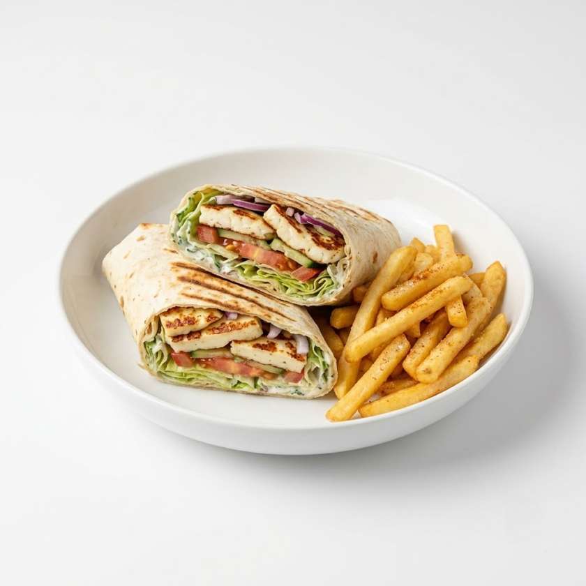 Tortilla with Halloumi Cheese, Vegetables and Fries