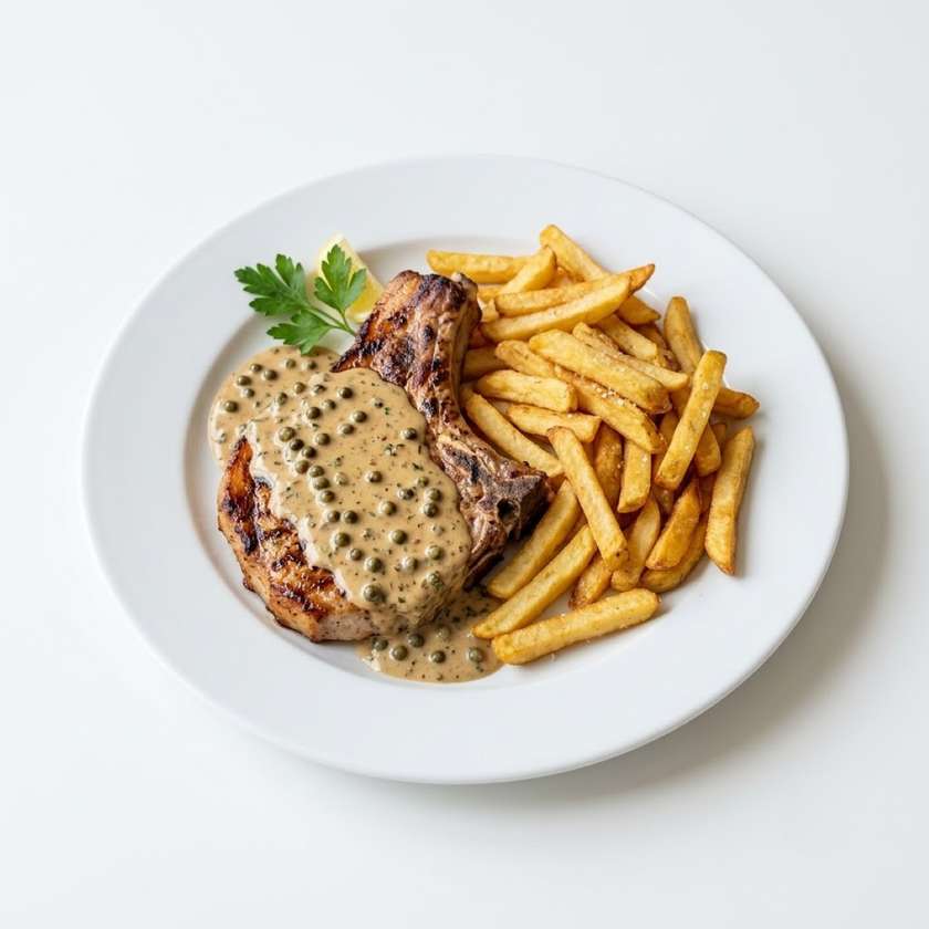 Pork chop steak with green peppercorn sauce and fries