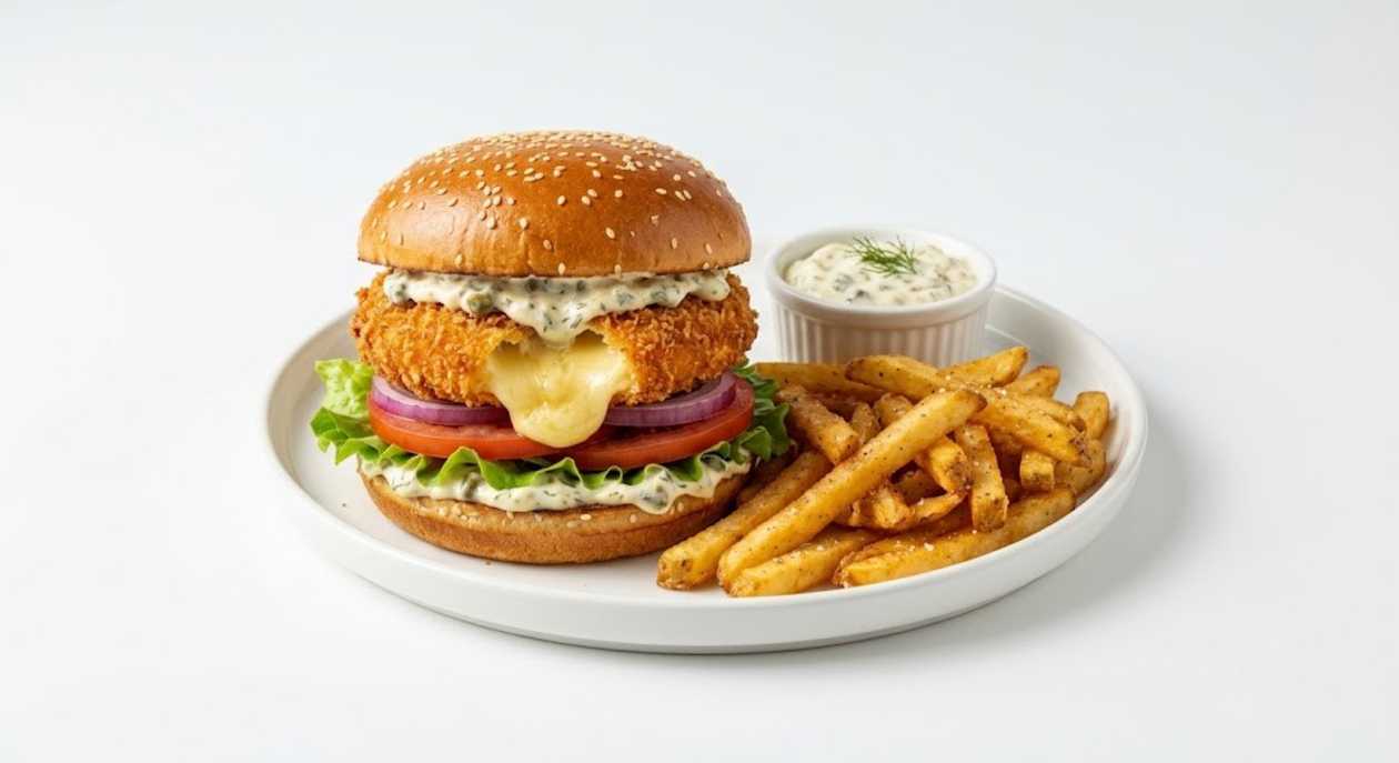 Fried Gouda Burger (with our tartar sauce and fresh vegetables) with fries