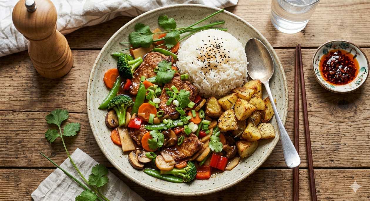 🐷🥡 Vepřové Chop Suey s variací příloh 🍚🍟🌿