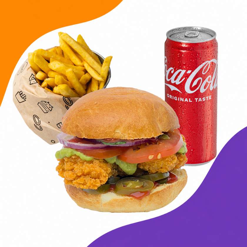 Zestaw Burger Chicken Guacamole + frytki + Coca-Cola
