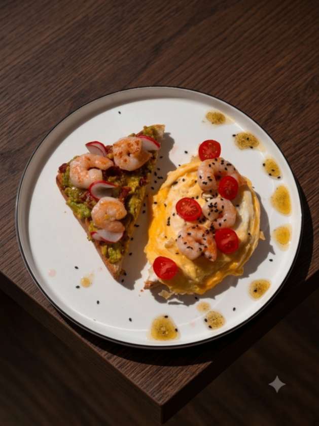 Tost z krewetkami, awokado i jajkiem