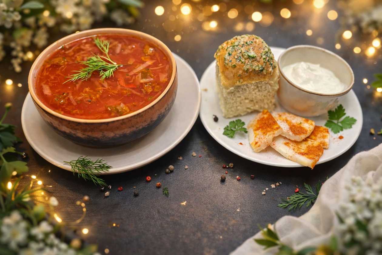 Boršč se zakysanou smetanou, pampuška, slanina