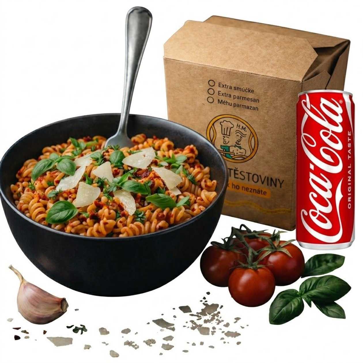 Čerstvé těstoviny s tomatovou omáčkou, čerstvou bazalkou a parmazánem + Kombinace s Coca-Colou