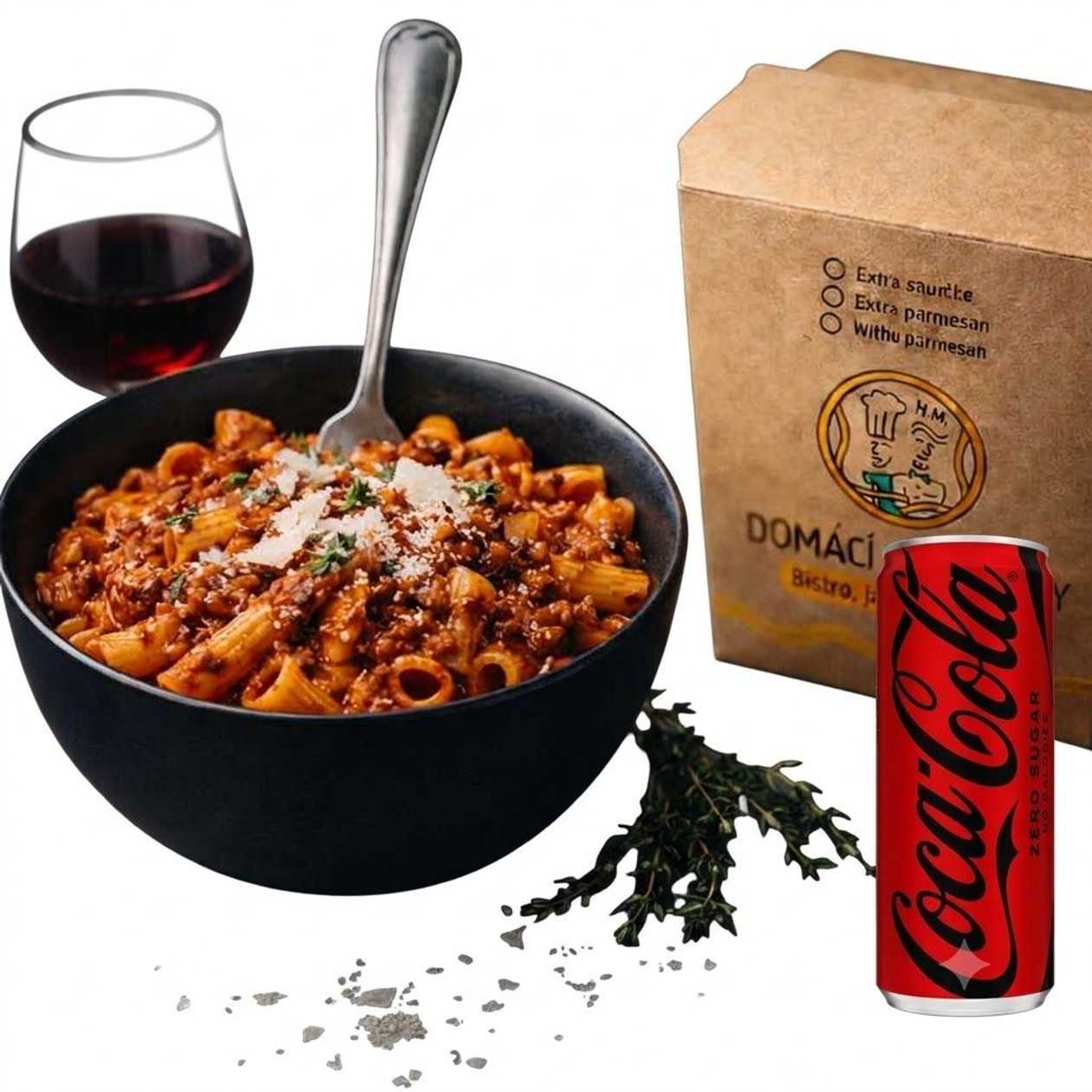 Čerstvé těstoviny s boloňským ragú na červeném víně s tymiánem a parmazánem + Kombinace s Coca-Colou