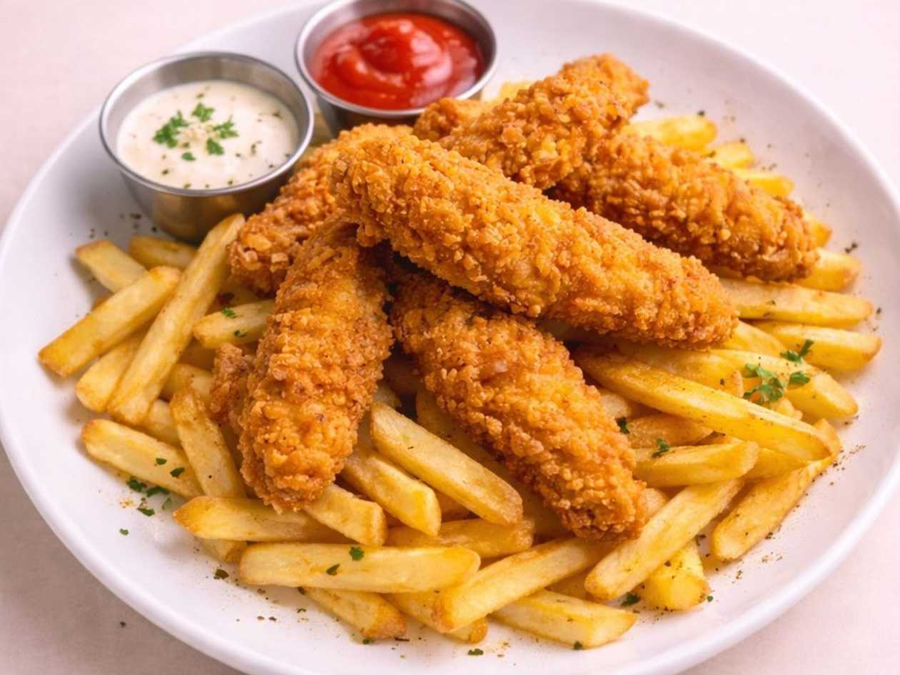 STRACCETTI DI POLLO CON PATATINE FRITTE