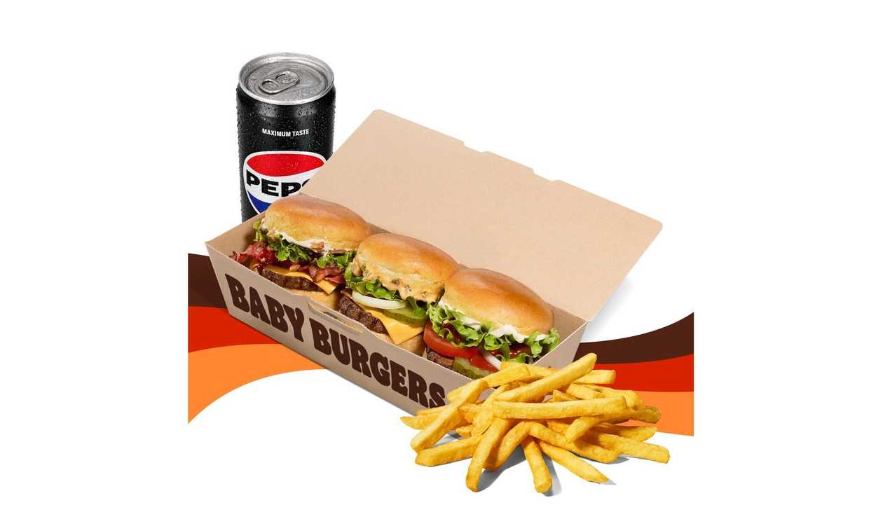 Baby Burgers menu s nápojem
