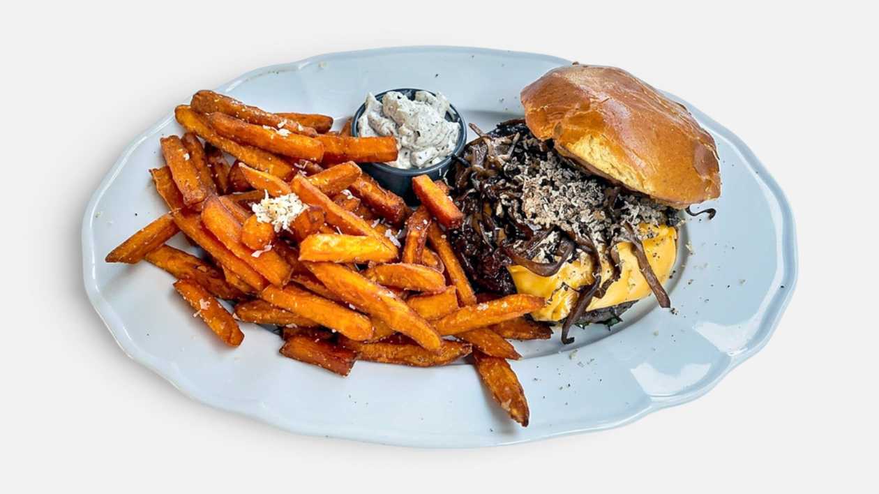 Truffle Burger with Oyster Mushrooms and Sweet Potato Fries
