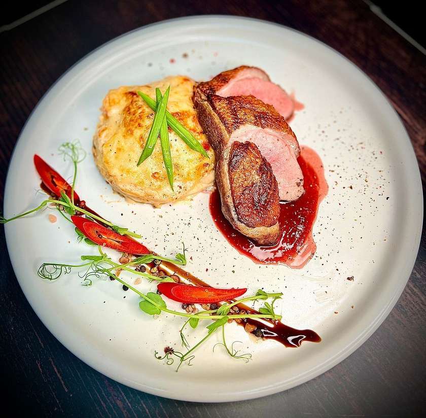 Fried Duck with Potato Gratin