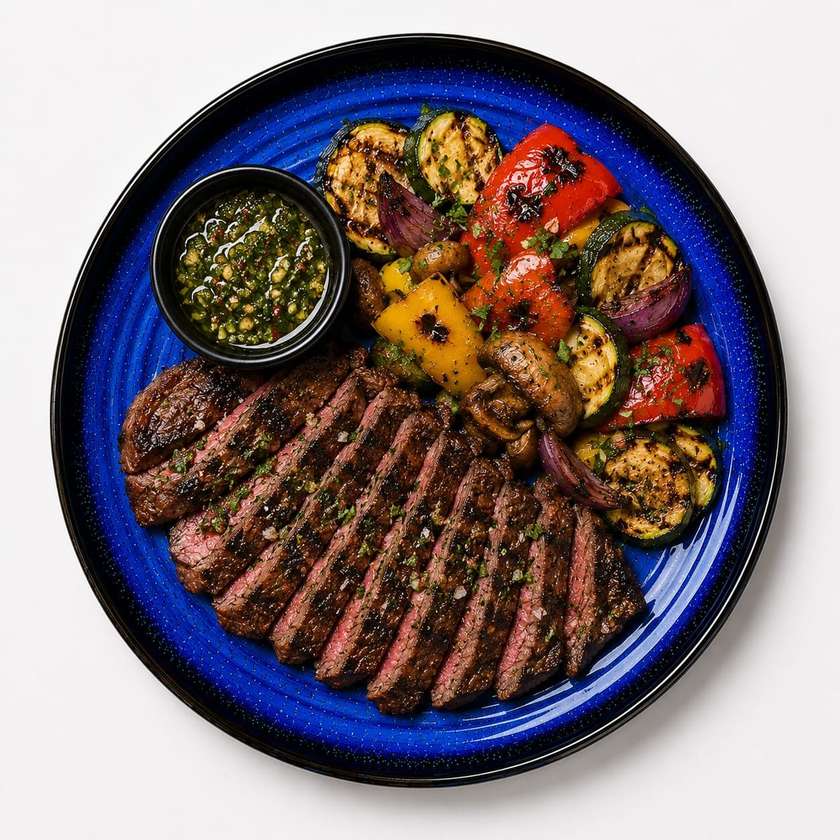 Flank steak, grilovaná zelenina, chimichurri omáčka + polievka v cene