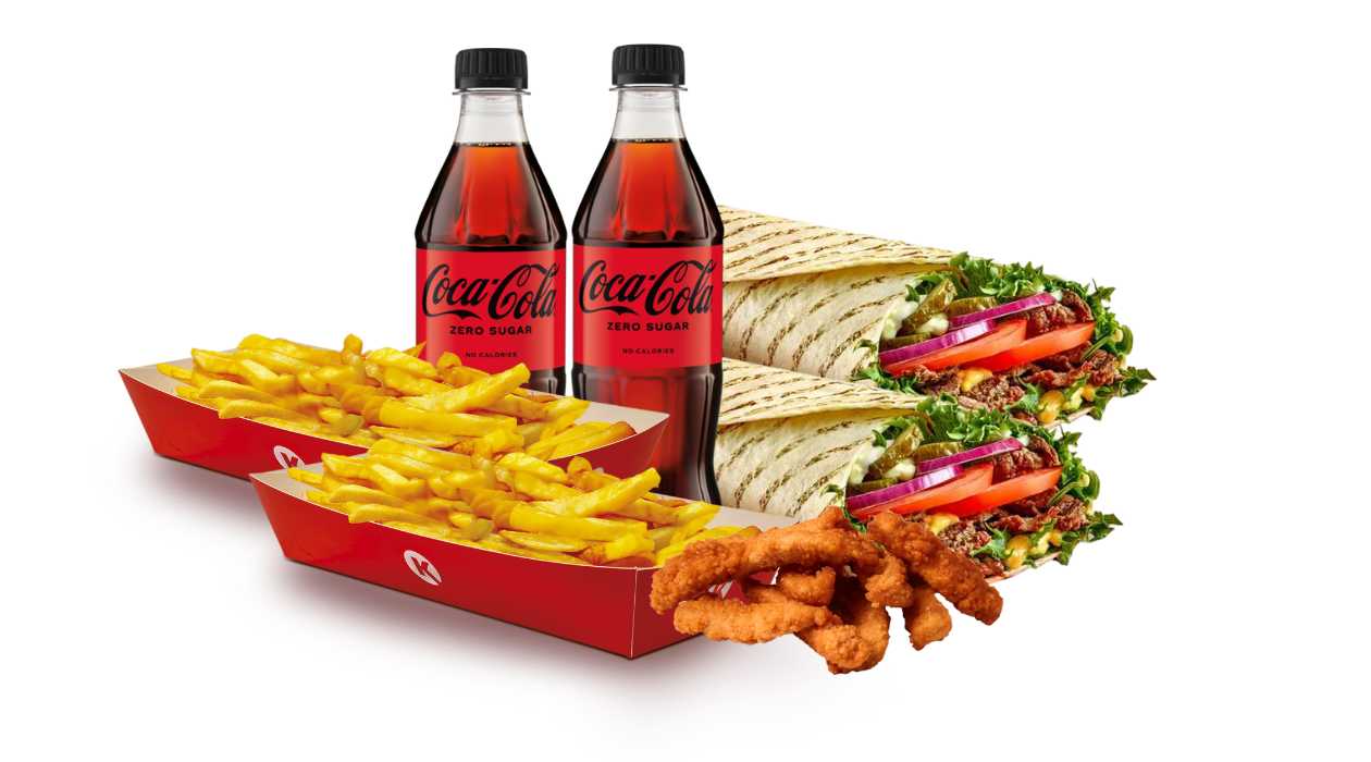 Beef wrap double set (2 beef wraps + 2 drinks + 2 fries + 5 chicken fillet appetizers)