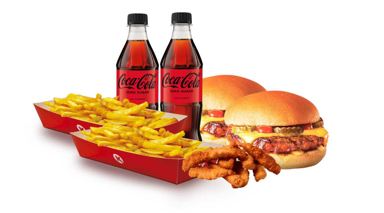 Double Cheeseburger Meal (2 Cheeseburgers + 2 Drinks + 2 Fries + 5 chicken fillet appetizers)