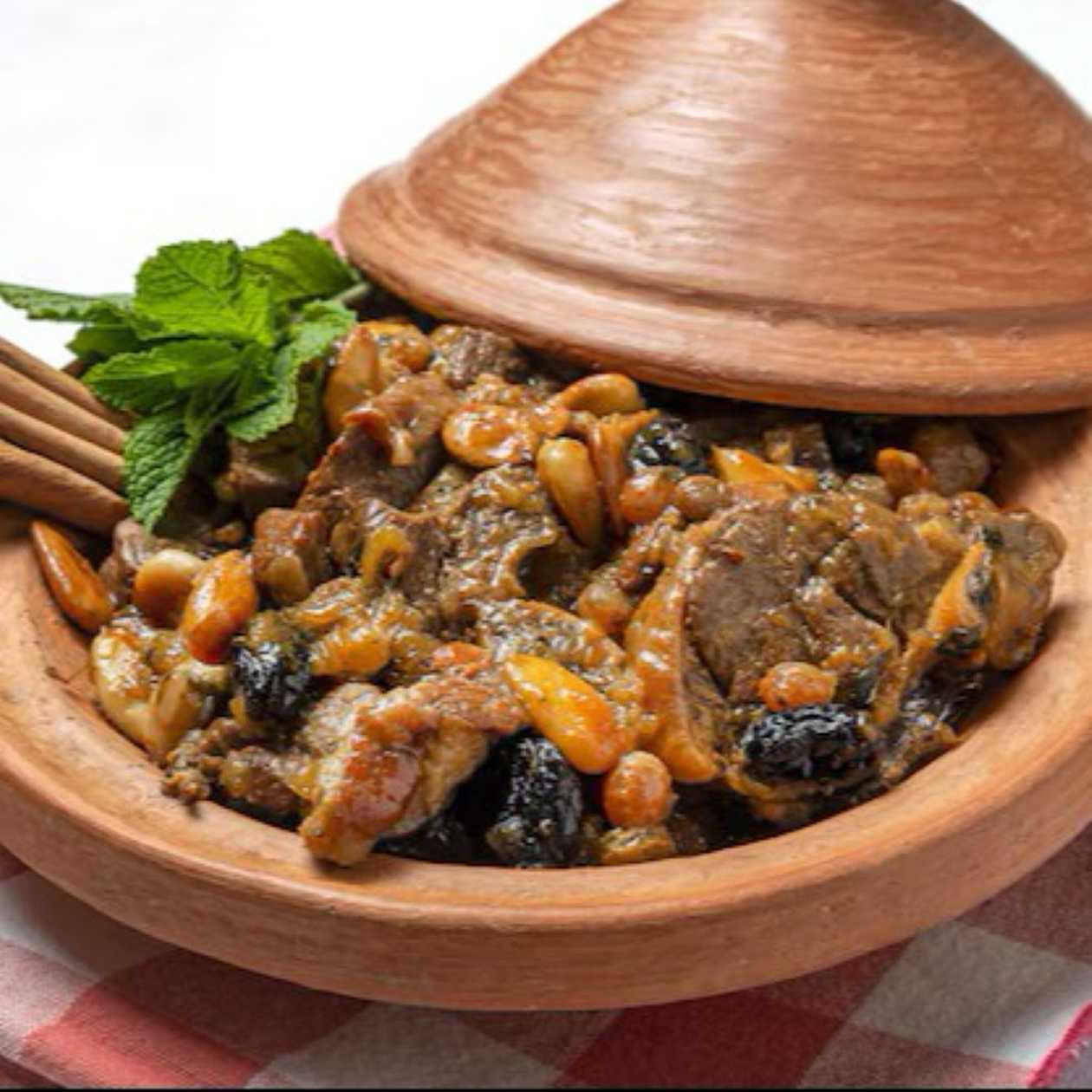 Meat Tagine with Onion and Raisins, Olives, and Plum