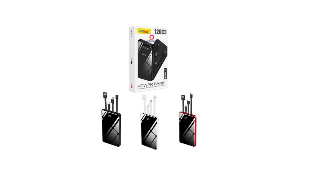 #201ER#Andowl®Q-DC110 Red 12000mAh Power Bank with Built-in Charging Cables