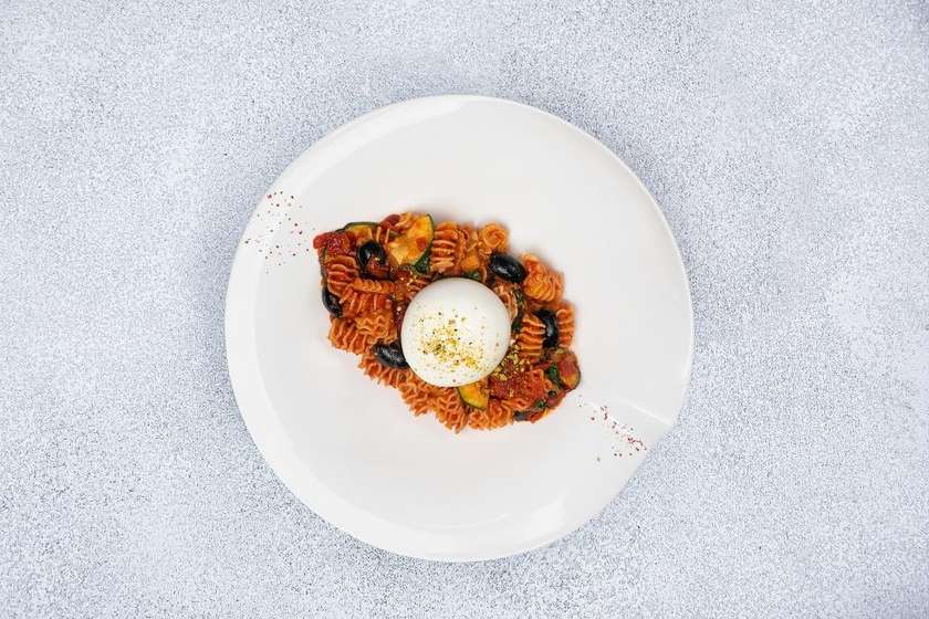 With eggplant, zucchini, Burrata cheese and tomato sauce