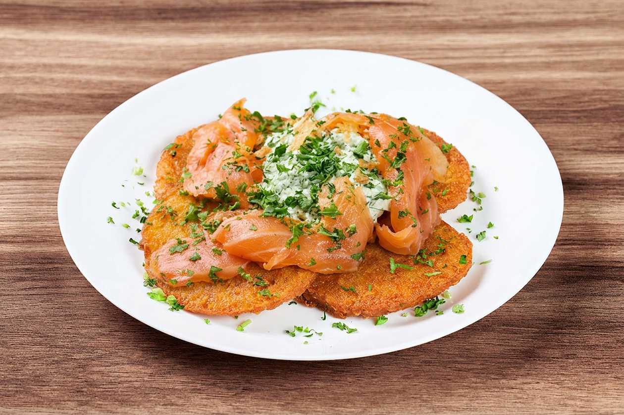 Potato Pancakes with Our Salted Salmon and Herb Curd