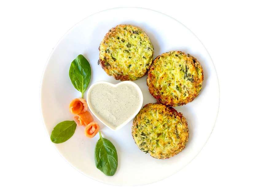 Zucchini Fritters with Salmon and Caesar Sauce