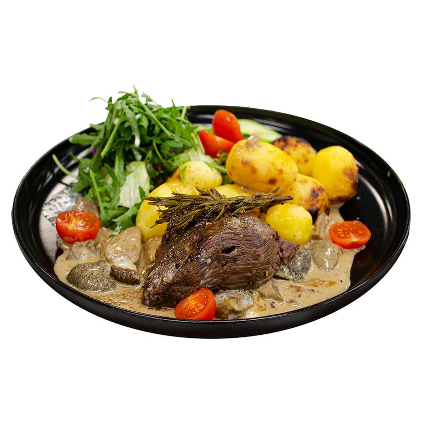 Hovädzí steak, dubáková omáčka, pečené zemiaky