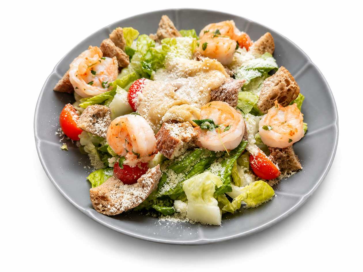 Salat tiigerkrevettide ja Caesari kastmega