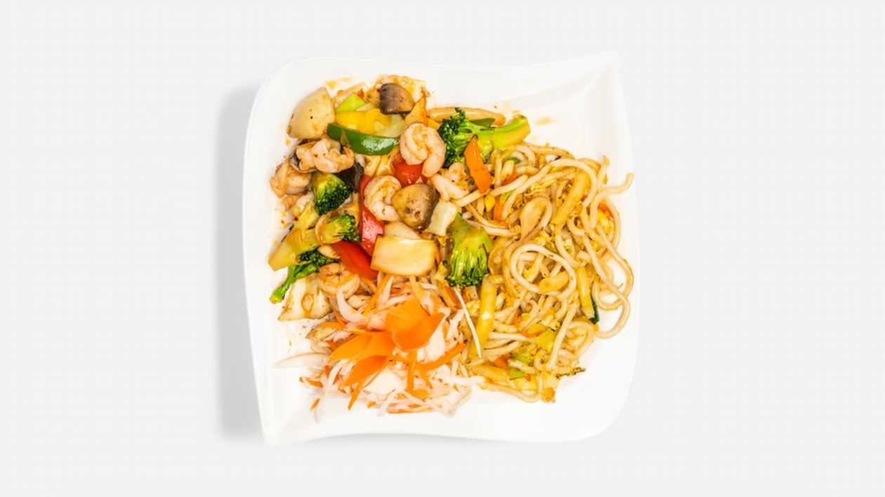 Opekané udon rezance s krevetami