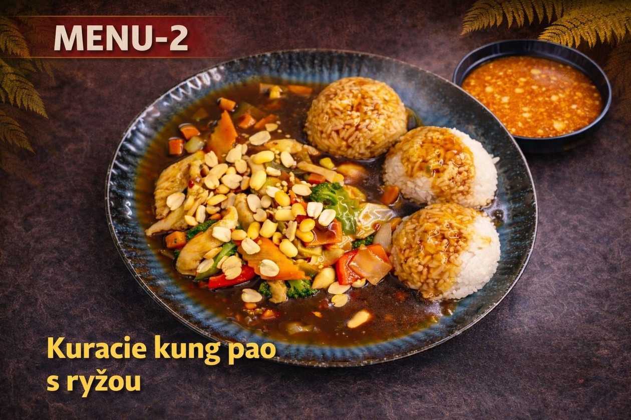 Kuracie kung pao + priloha + polievka (1,3,6,11,14)