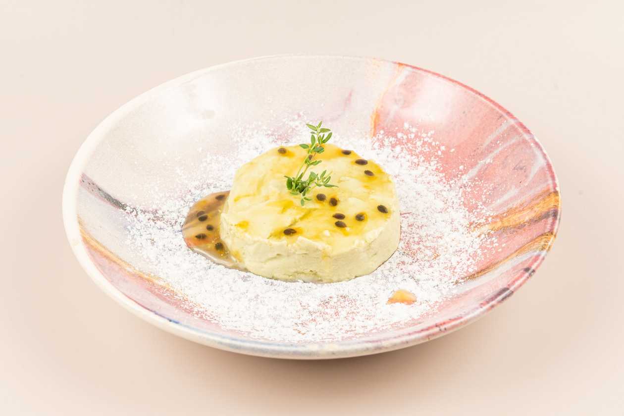 Matcha Panacotta with PassionFruit Syrup