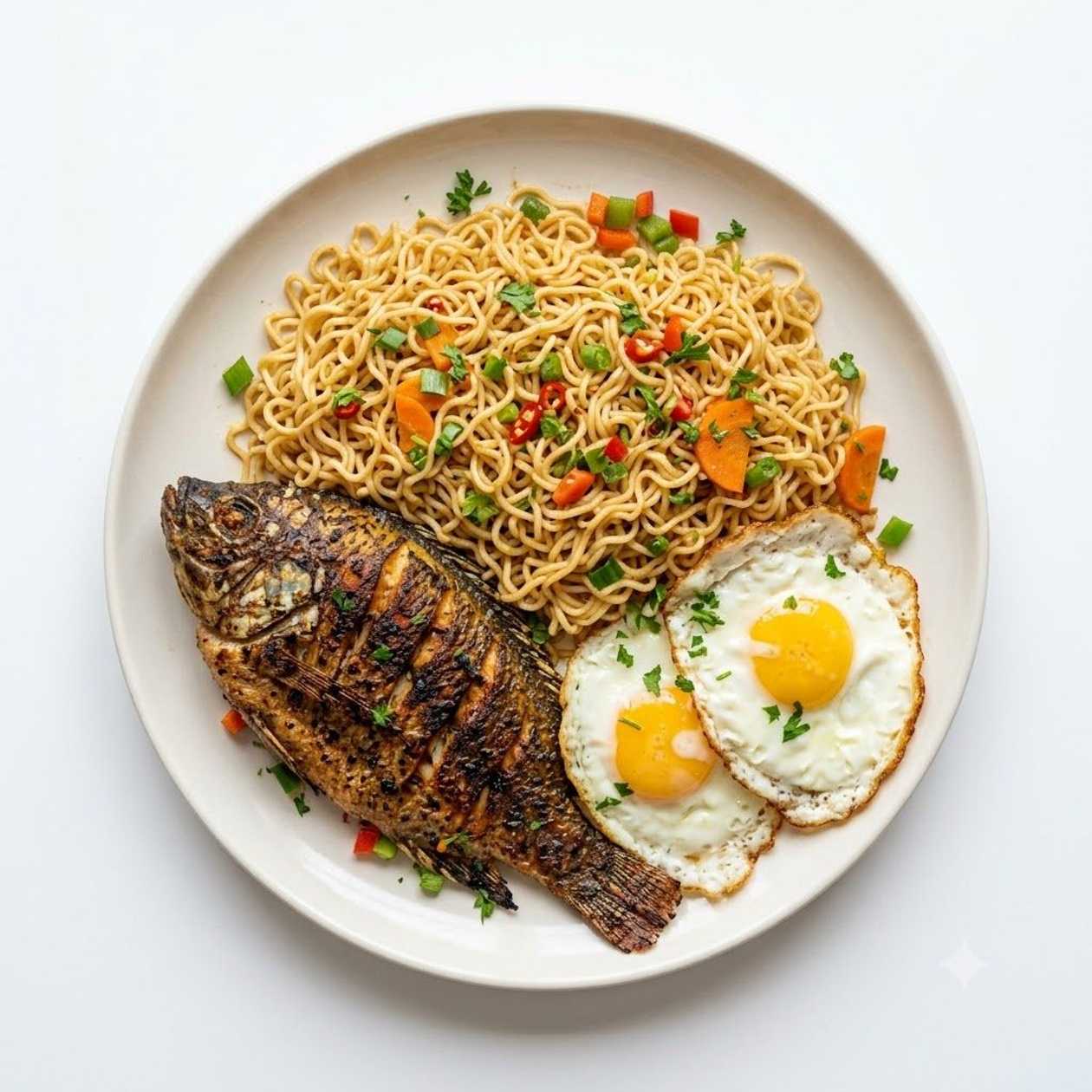 Indomie served with grilled tilapia and Fried eggs