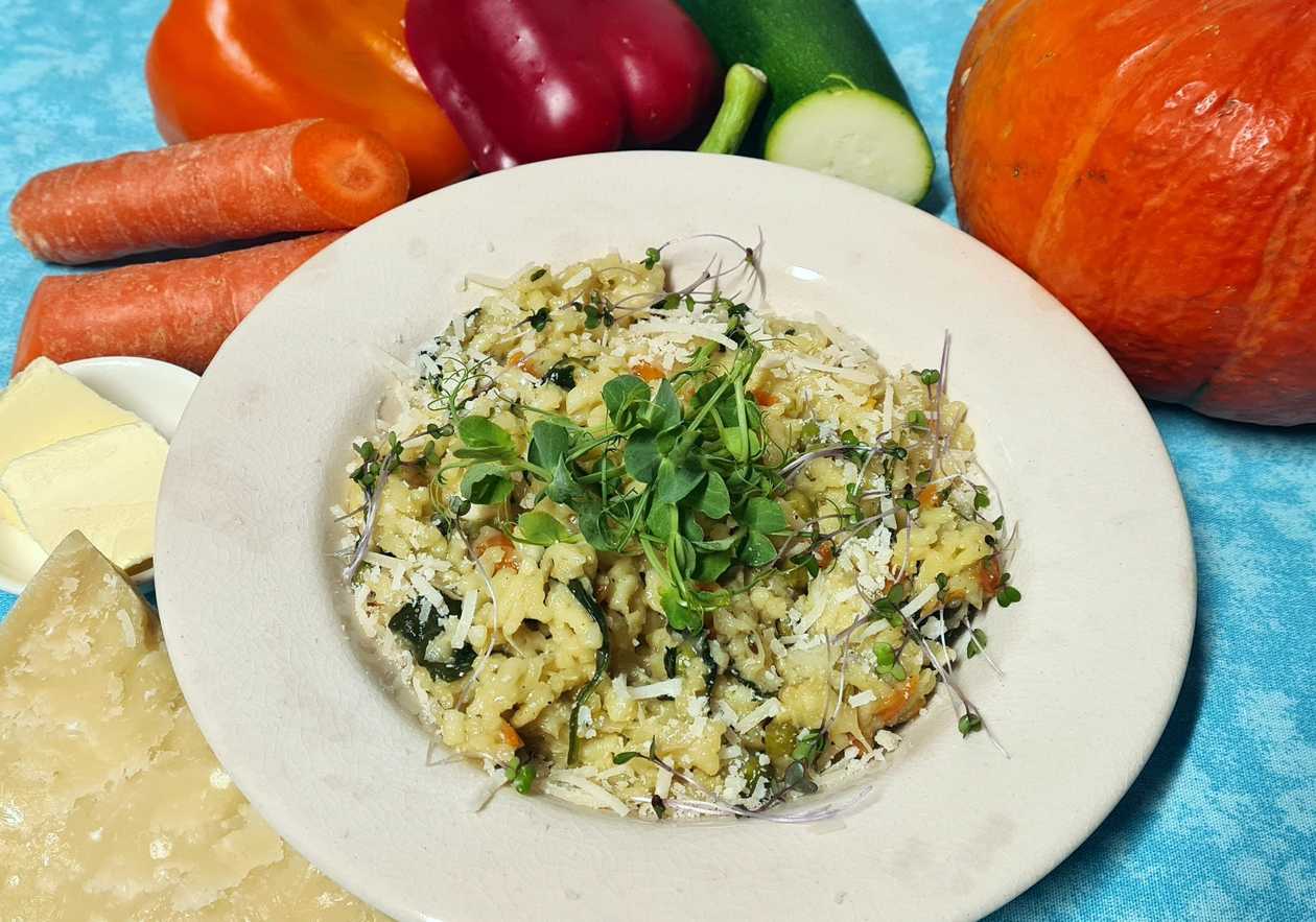 Creamy Parmesan Risotto with Edamame and Microgreens