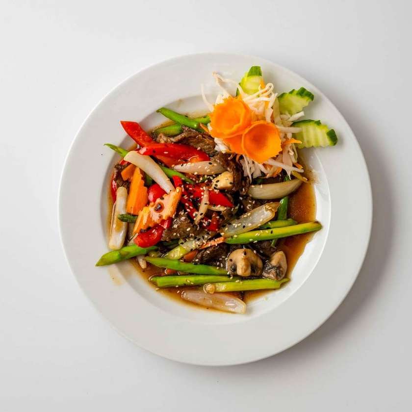 Roasted mix of vegetables with chicken + rice