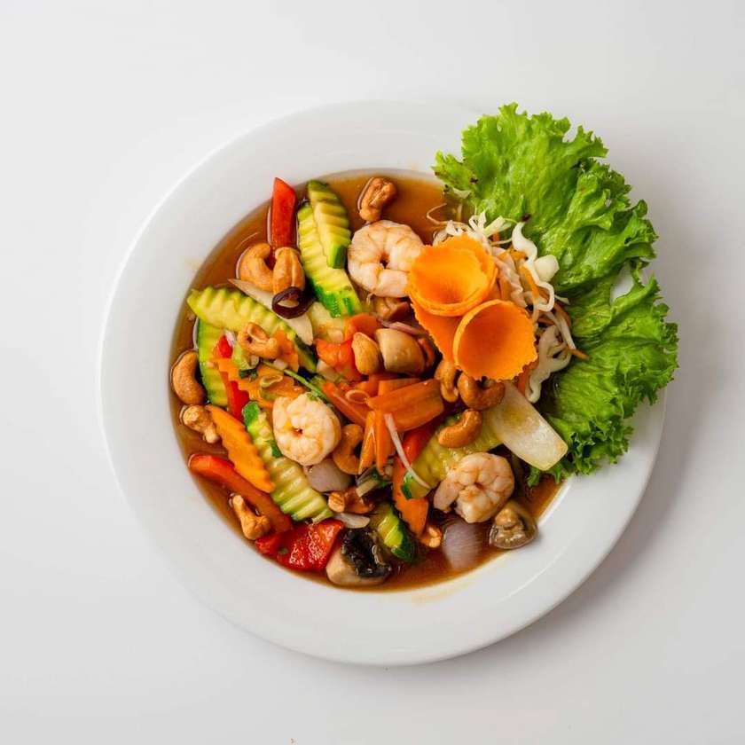 Roasted mix of vegetables with shrimp + rice