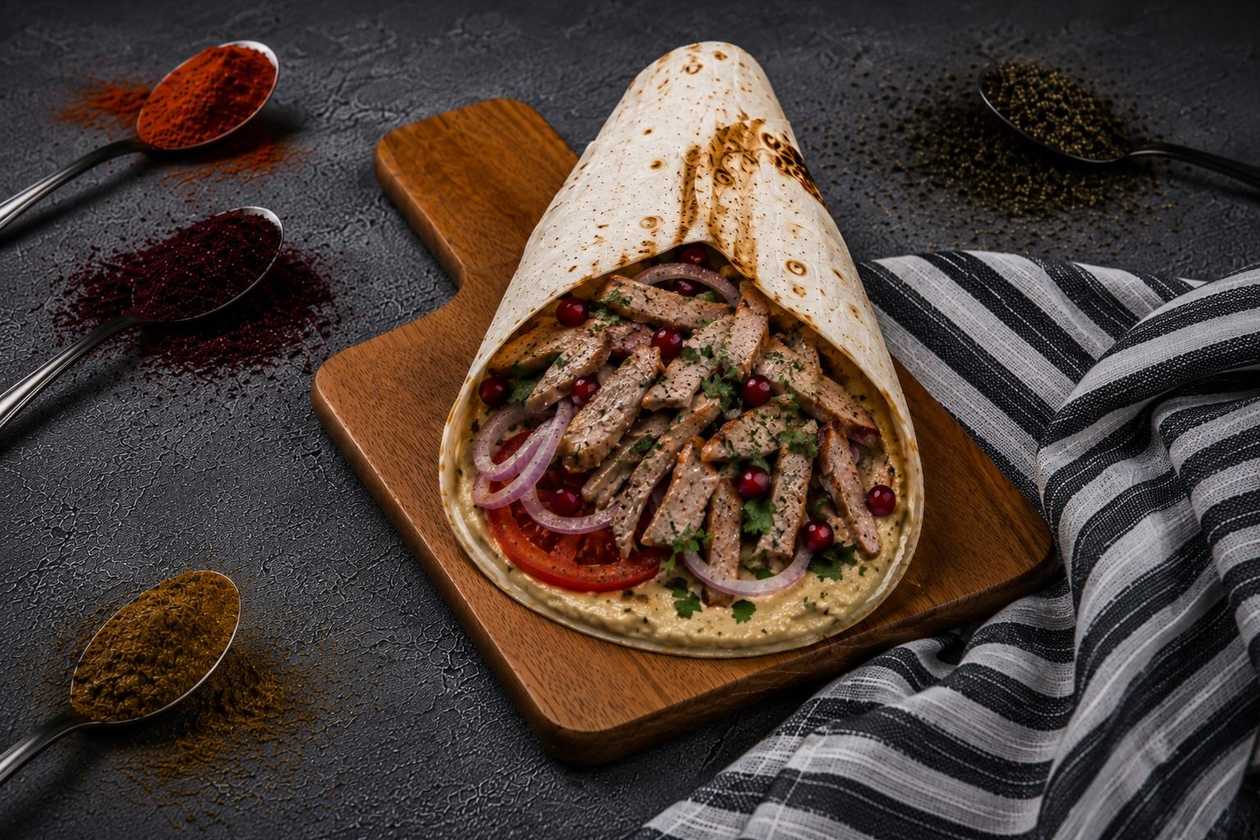 Kebab de Vita cu Berbecuț cu Sos de Vinete si Rodie la Lipie