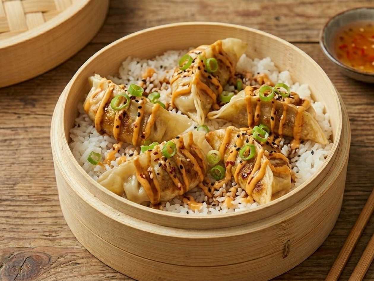 Rýže s Vegan Korean BBQ Gyoza