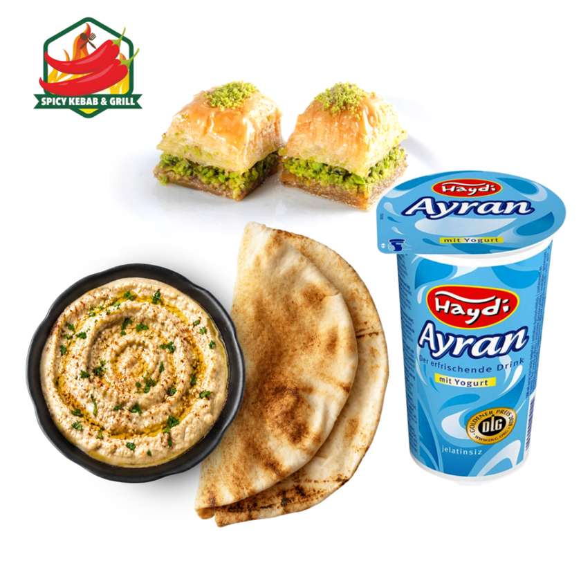 Mutabal Set with Pita + Baklava (2 pcs.) + Ayran