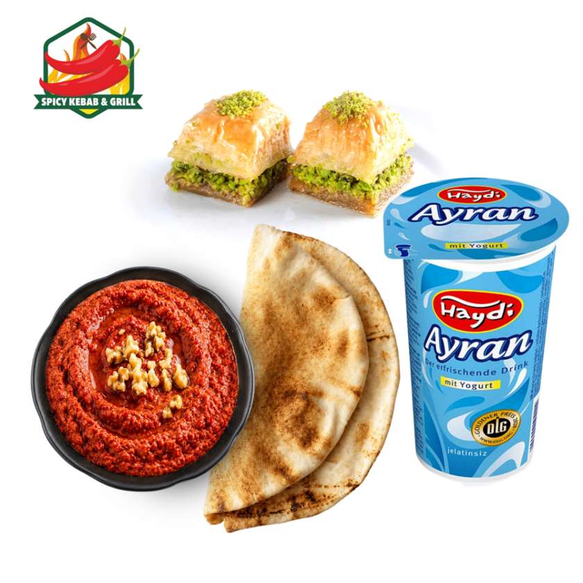 Muhammara Set with Pita + Baklava (2 pcs.) + Ayran