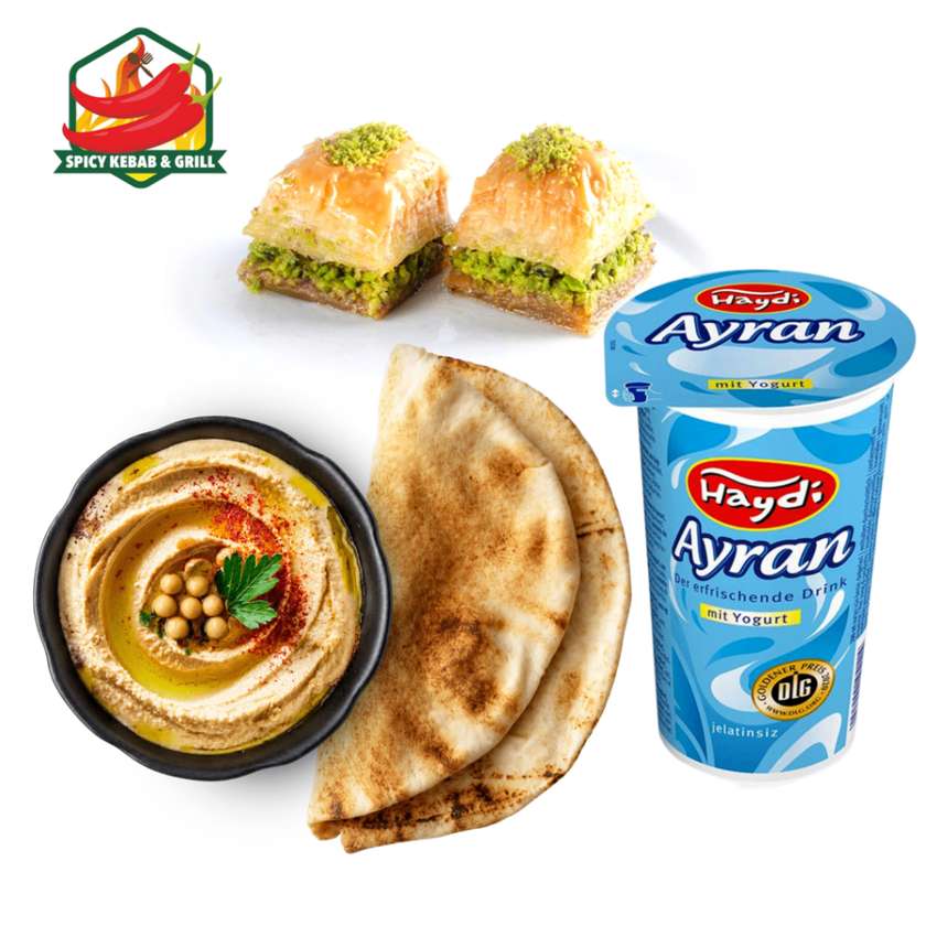 Hummus Set with Pita + Baklava (2 pcs.) + Ayran