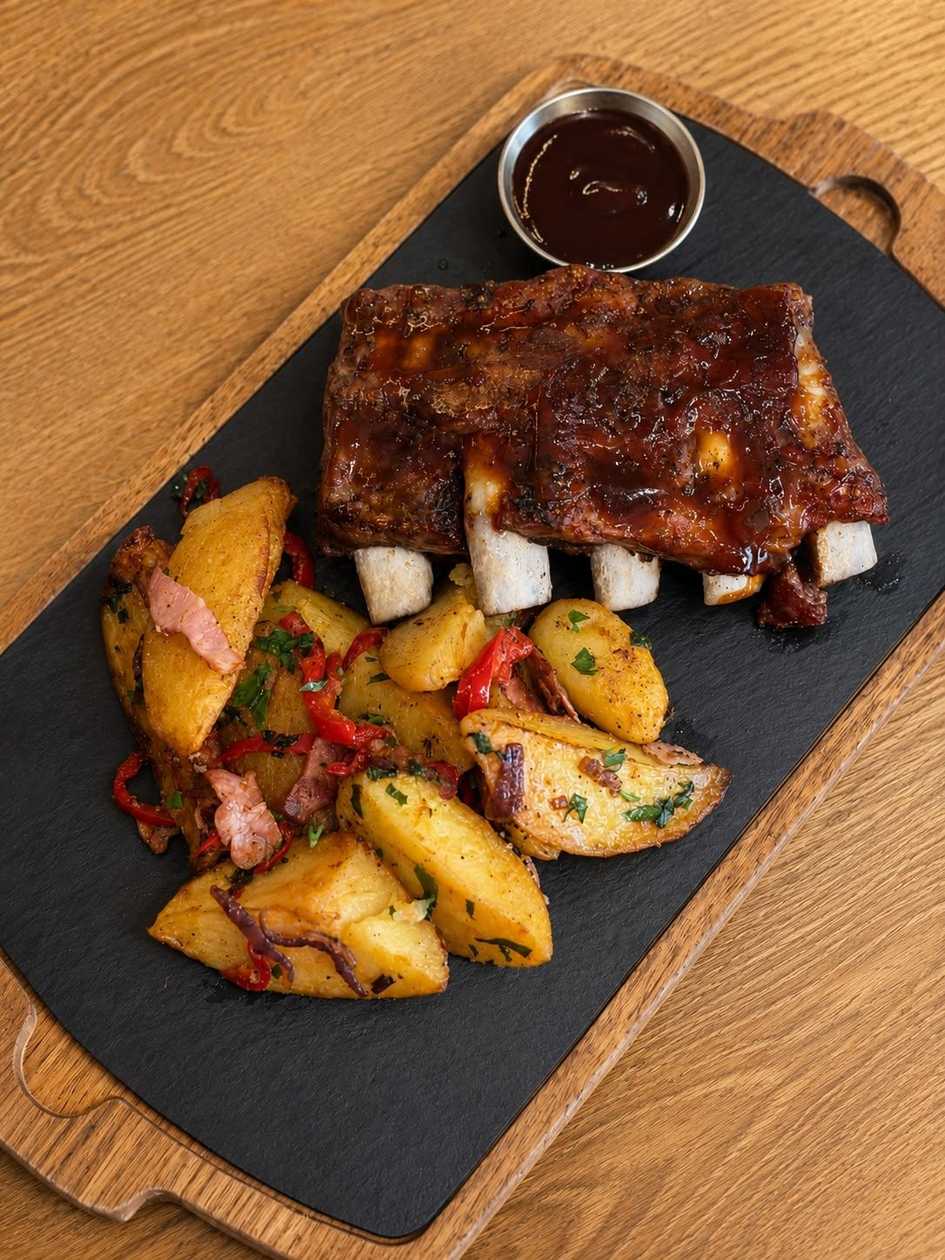 Coaste De Porc Cu Sos Bbq, Servite Cu Cartofi Taranesti (600g)
