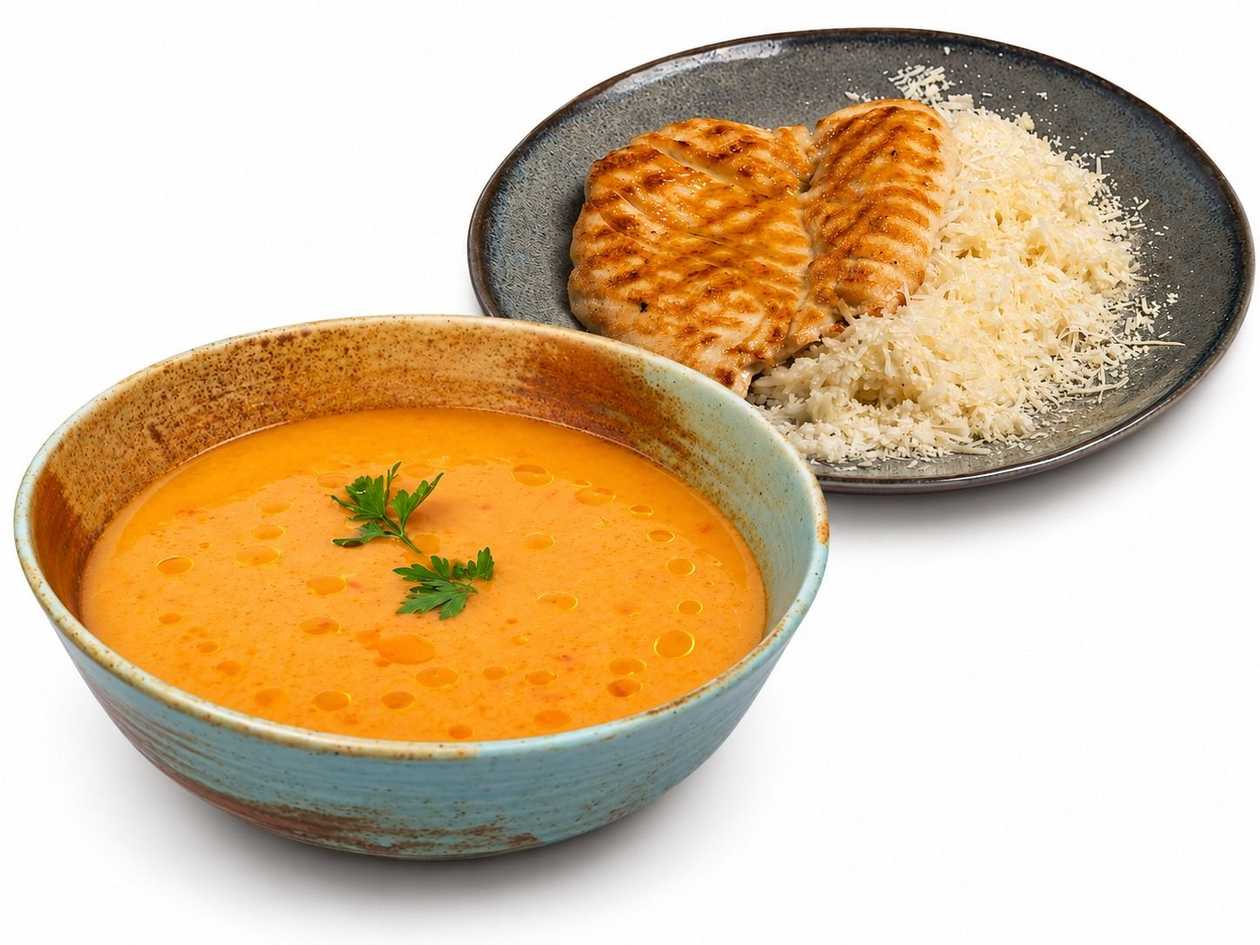 Meniul zilei Supa crema de legume si piept de pui cu orez cu unt si parmezan