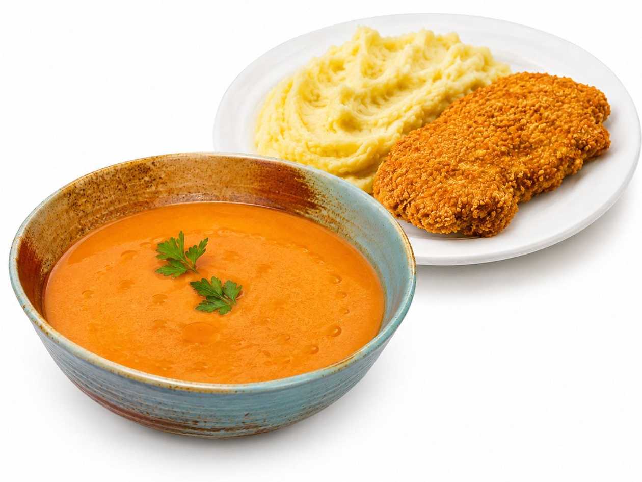 Meniul zilei Supa crema de legume si snitel de pui cu piure