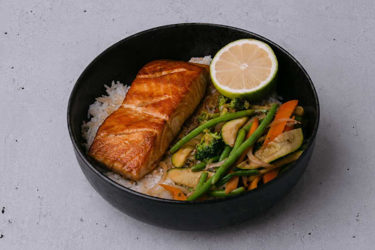 Salmon fillet rice bowl