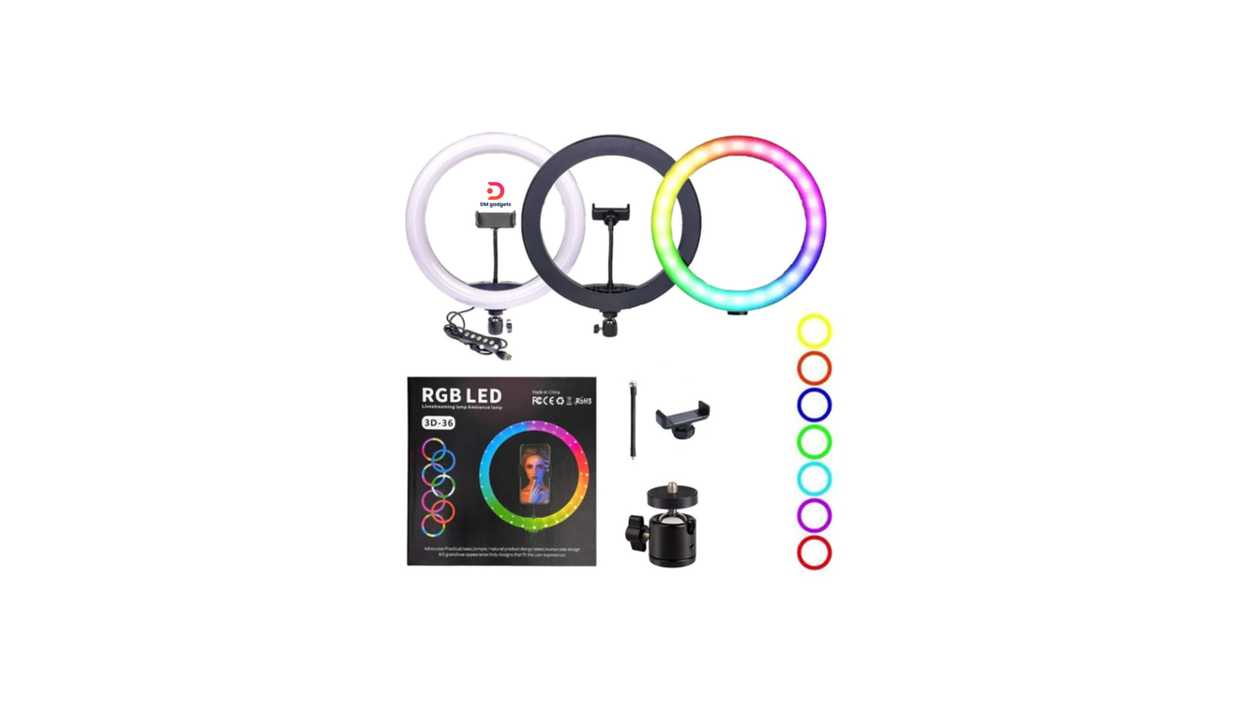 #380H1#DM®3D-36, 36cm (14″) RGB LED Ring Light with Mobile Phone Holder & Adjustable Lighting
