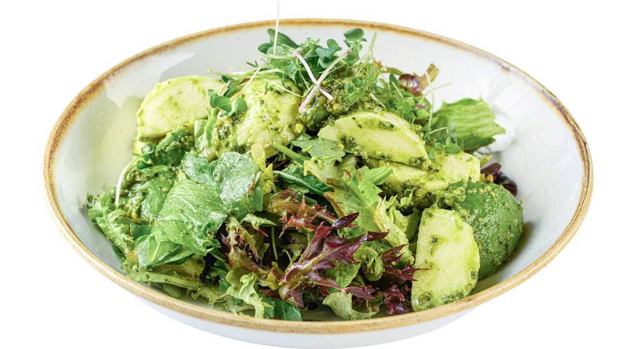 Leaf Salad with Avocado, Mozzarella, and Basil Pesto