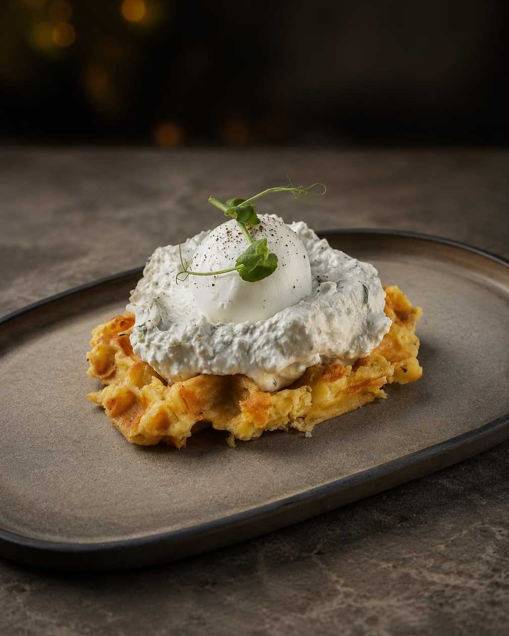 Potato Waffle with Cream Cheese and Poached Egg