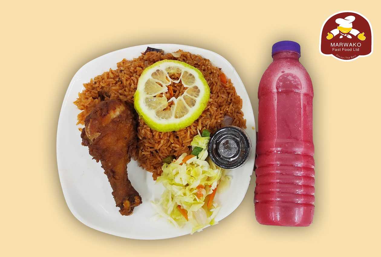 Falaa Deal: 1 Piece of Fried Chicken with Jollof Rice with a bottle of 500ml Cocktail Juice