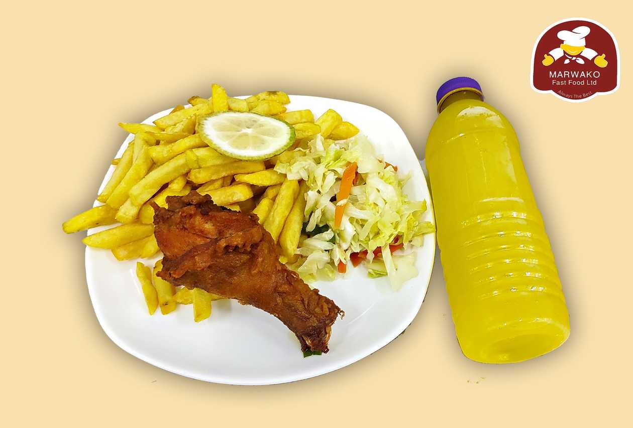 Falaa Deal: 1 Piece of Fried Chicken with Fried Rice or Chips with a bottle of 500ml Tangerine Juice