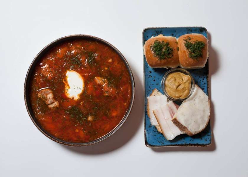 Borscht with Dumplings and Sides