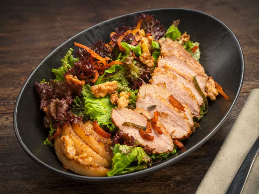 Slow-Smoked Duck Salad with Caramelized Pear and Walnuts