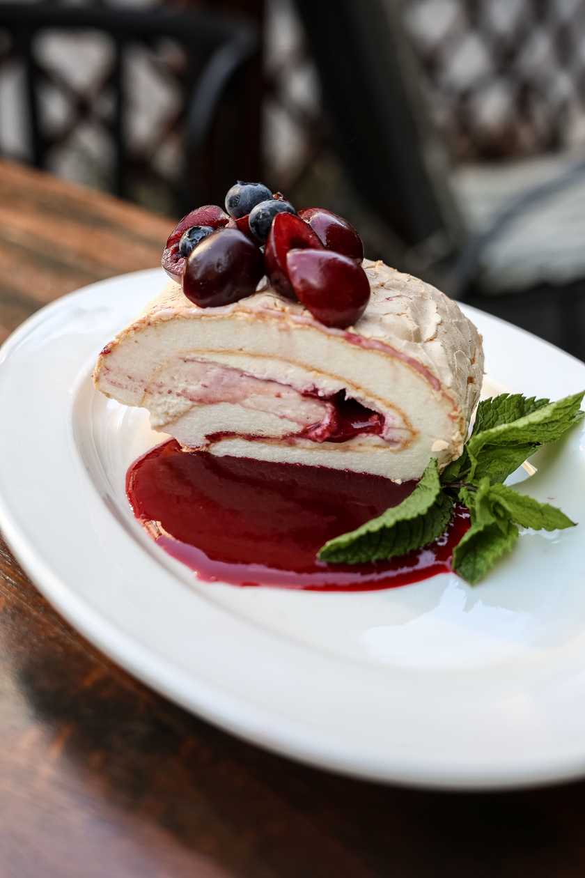Meringue Roll with Cherry Coulis
