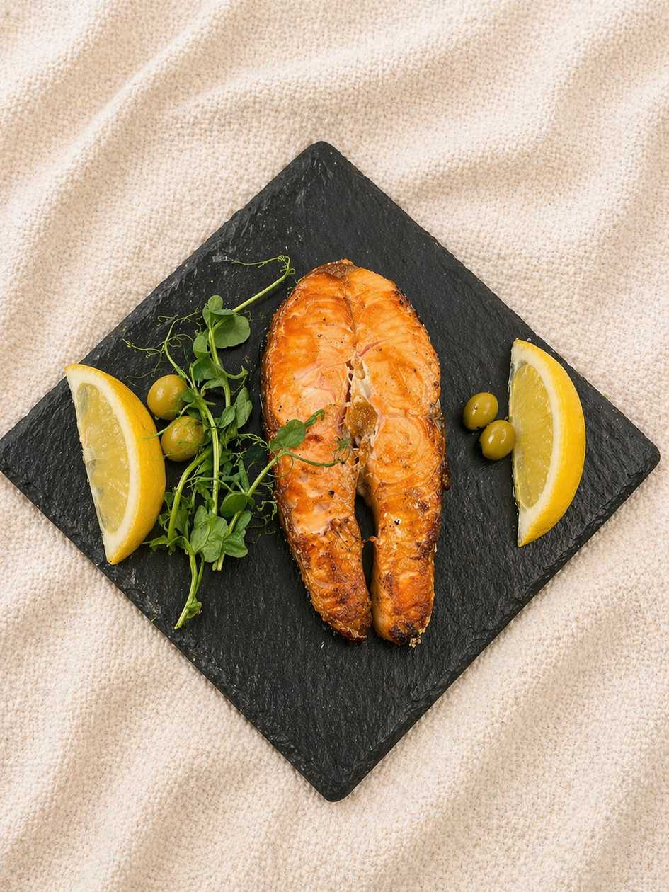 Steak of salmon on the grill