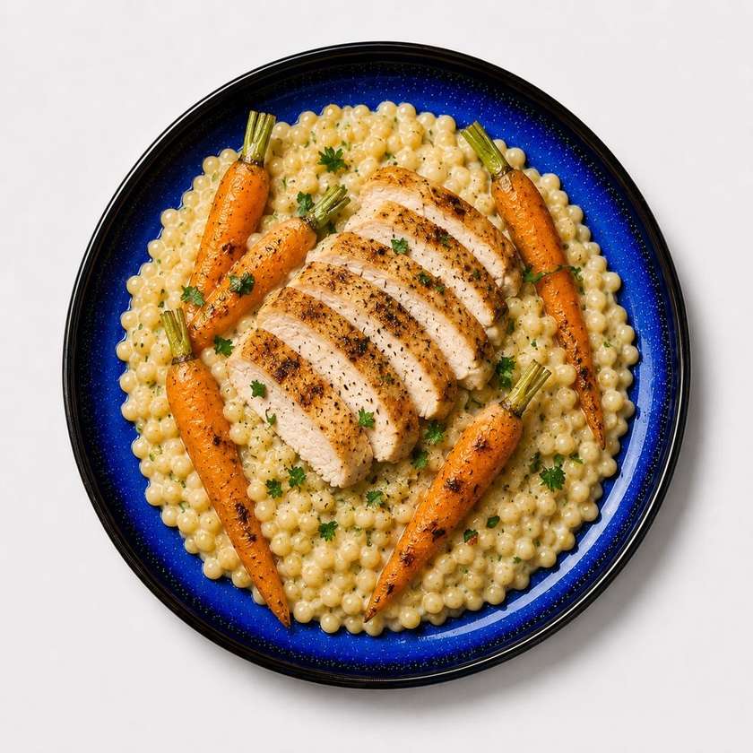 Krémová tarhoňa, baby mrkva, sous-vide kuracie prsia + polievka (v cene)